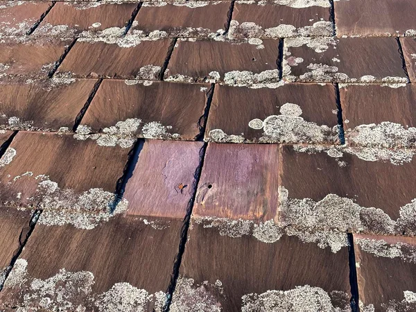 Worn tile roof with moss and lichen